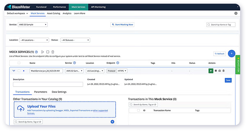 Perforce BlazeMeter's Mock Services dashboard screenshot