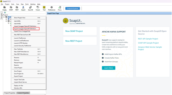 Exporting the SoapUI project to Swagger format.