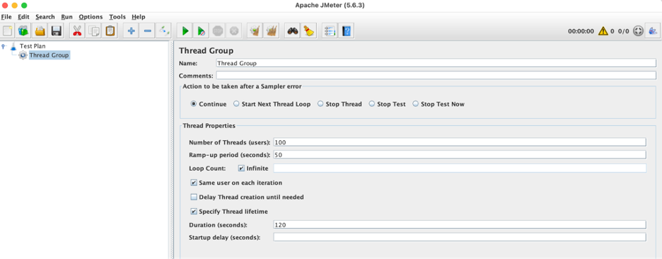 An example of JMeter thread group.